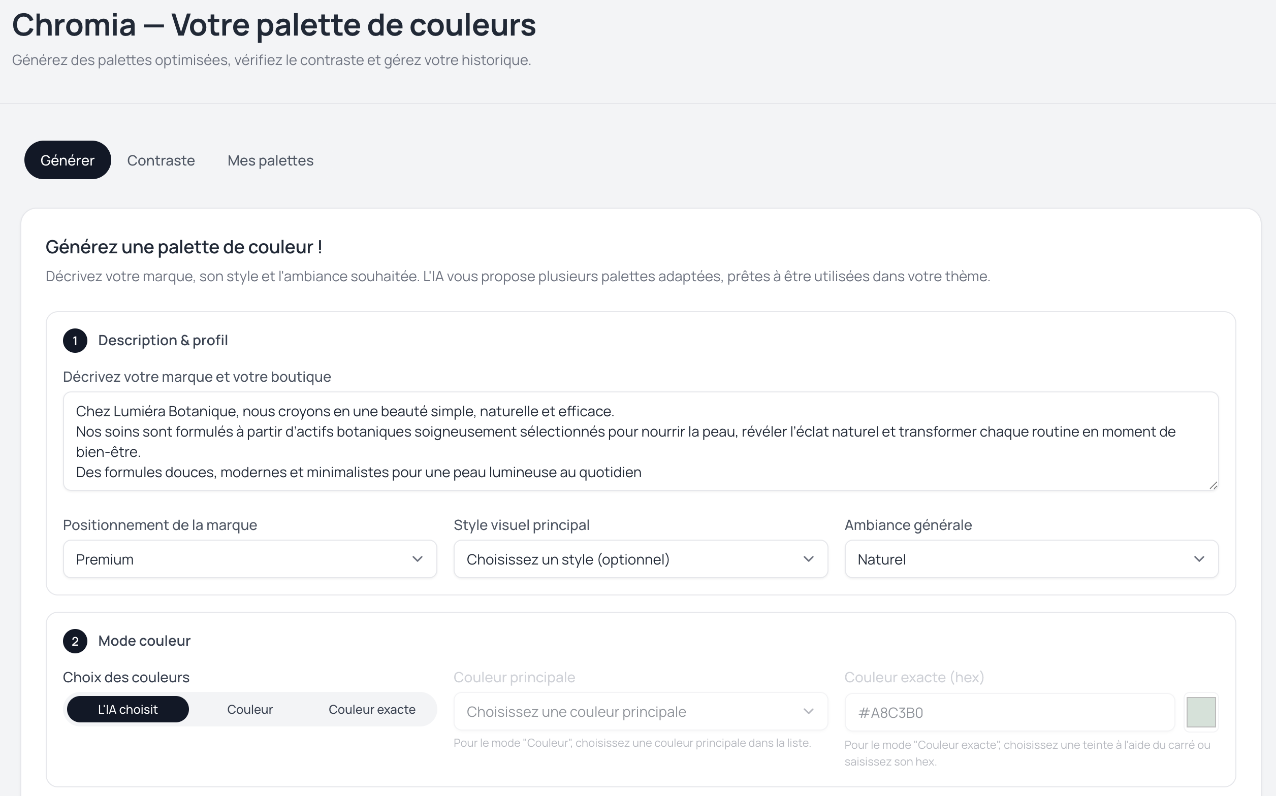 Exemple de palette de couleurs générée par le module Chromia